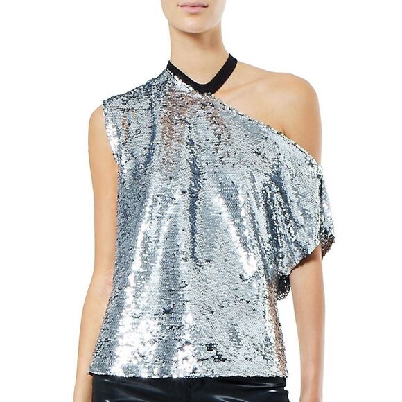 NWT RtA Axel Sparkle Cutout Sequinned One Shoulder T Shirt Bottle Rocket Small - Picture 1 of 9